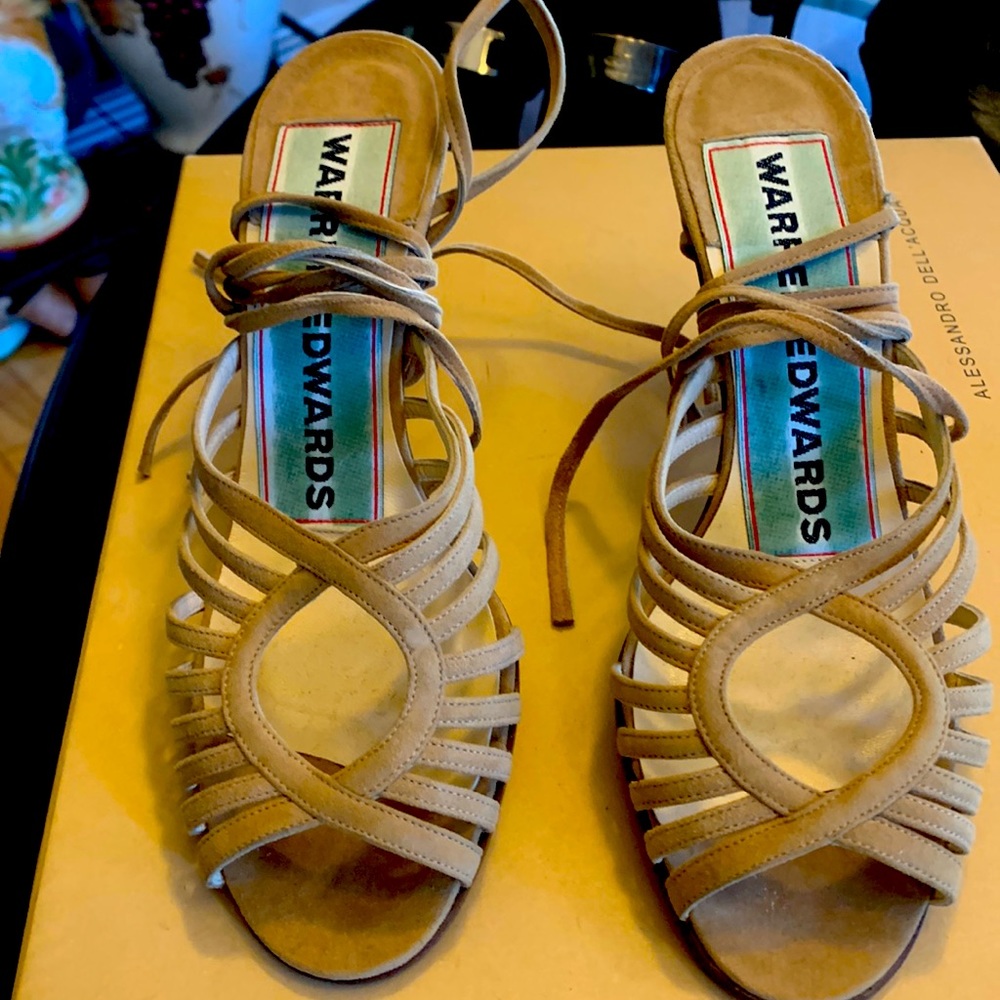 Warren Edwards beige suede heels strappy tie ups